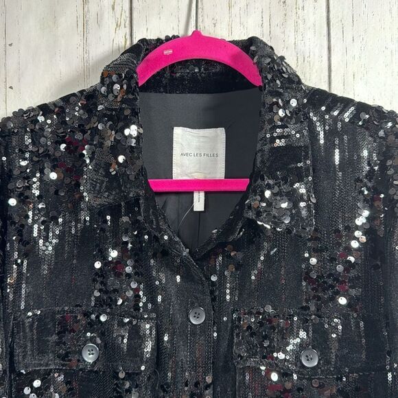 Avec Les Filles Black Sequin Button Up Jacket Shacket 3X Holiday Glam Night Out - Picture 2 of 14